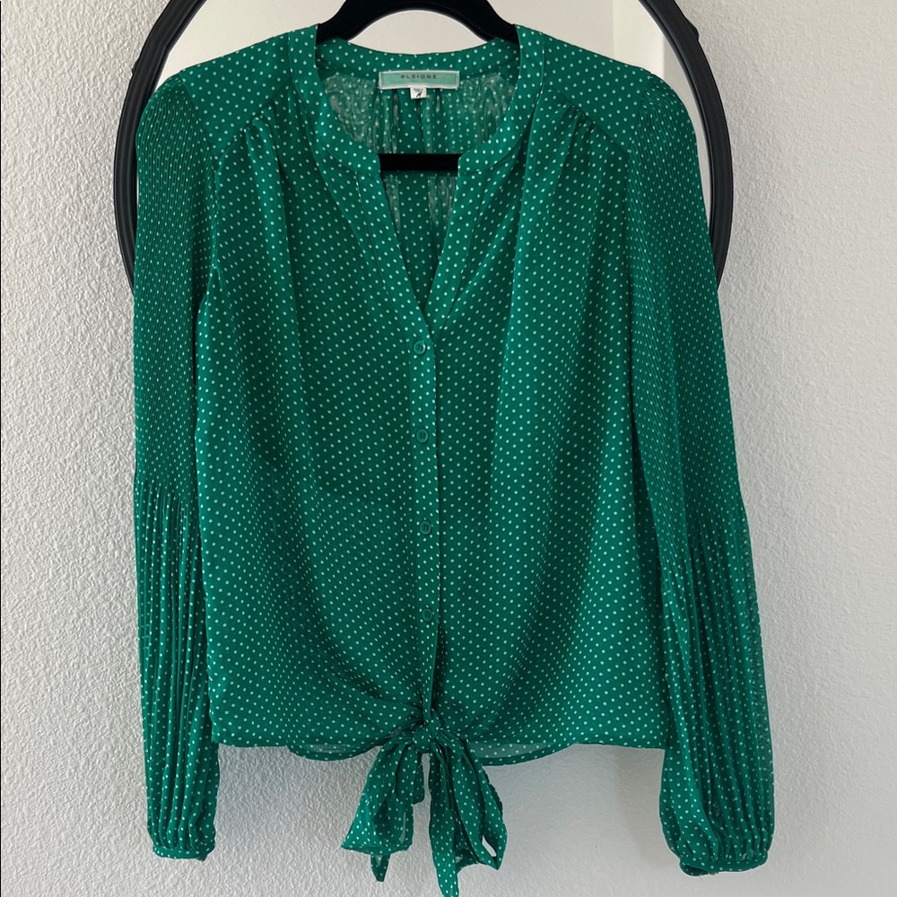 Pleione Emerald Green Polka Dot Tie-Front Blouse